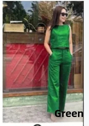 Women's Cotton Linen Set Casual Fashion Wide Leg Pants Sleeveless Pockets Solid Color Ensemble Elegant Versatile Outfit