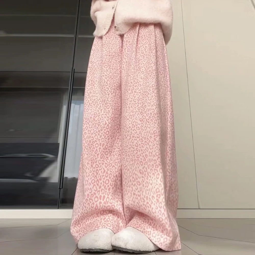 Pink leopard print fleece pants children's 2026 new autumn and winter retro lazy wind loose and thin casual wide-leg pants