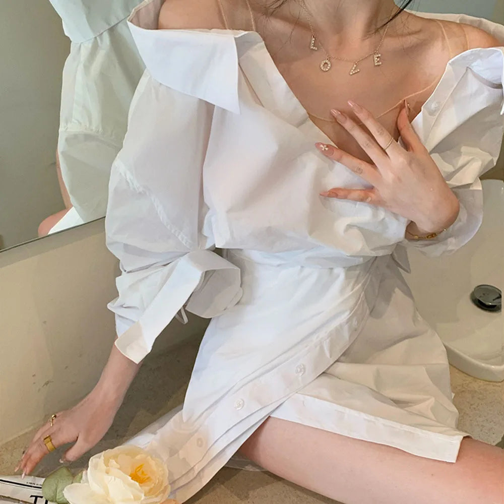 Elegant Korean Dress For Women V Neck Long Sleeve Off Shoulder High Waist Solid Mini Shirt Dresses Female Clothing 2023 Fashion