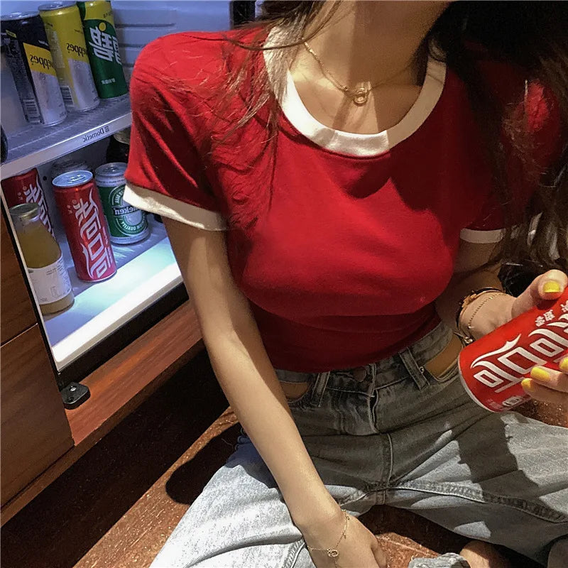 Slim-fit Korean-style T-shirt Female Students Women Summer Short-sleeve T-shirt Casual Top Woman Girl Sports Basic Short-sleeve