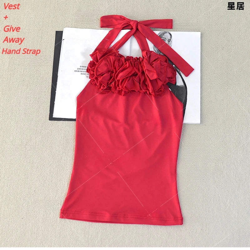 Kpop Korean Women Group Y2k Jazz Dance Costume Red Flower Halter Vest Crop Top Lace-Up Puffy Skirt Club Stage Performance Outfit