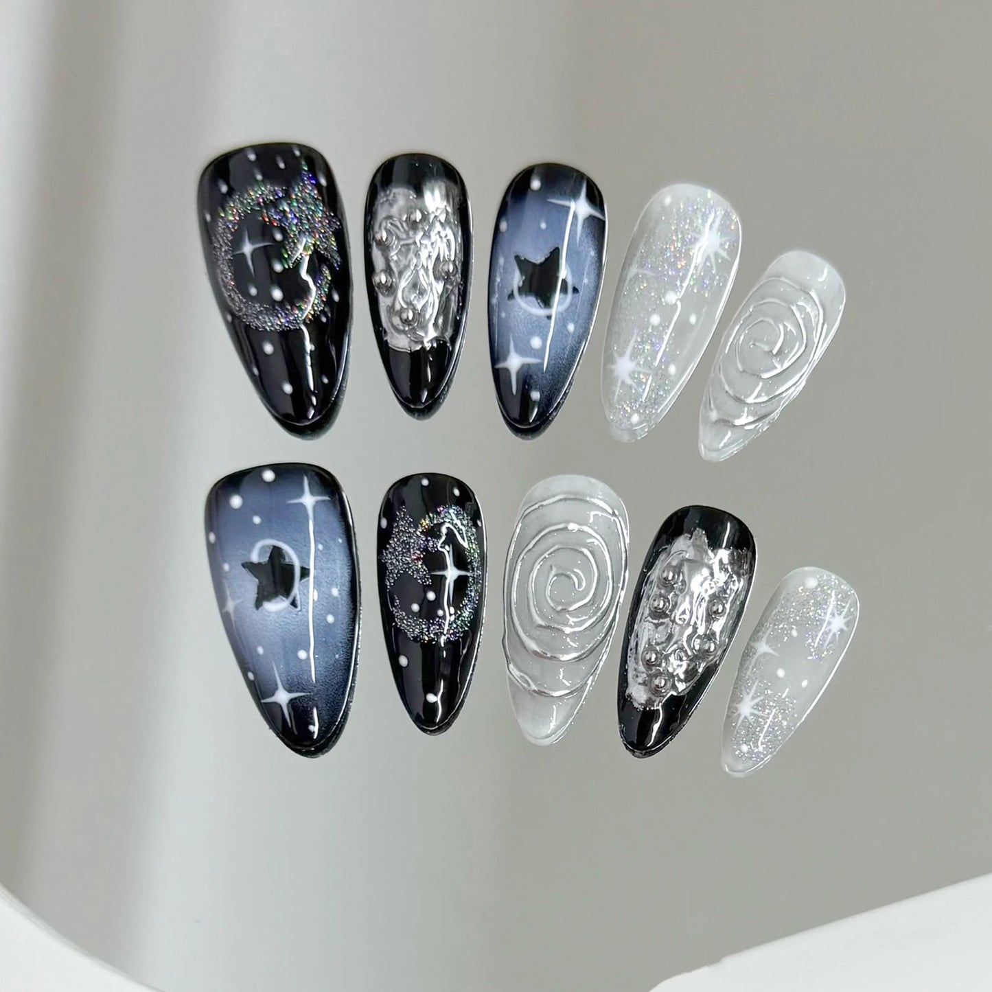 10pcs Handmade Korean Press on Nails Sweet Cool Star Pink White Fake Nail Tips Wearable Summer Night Sky Almond False Nails
