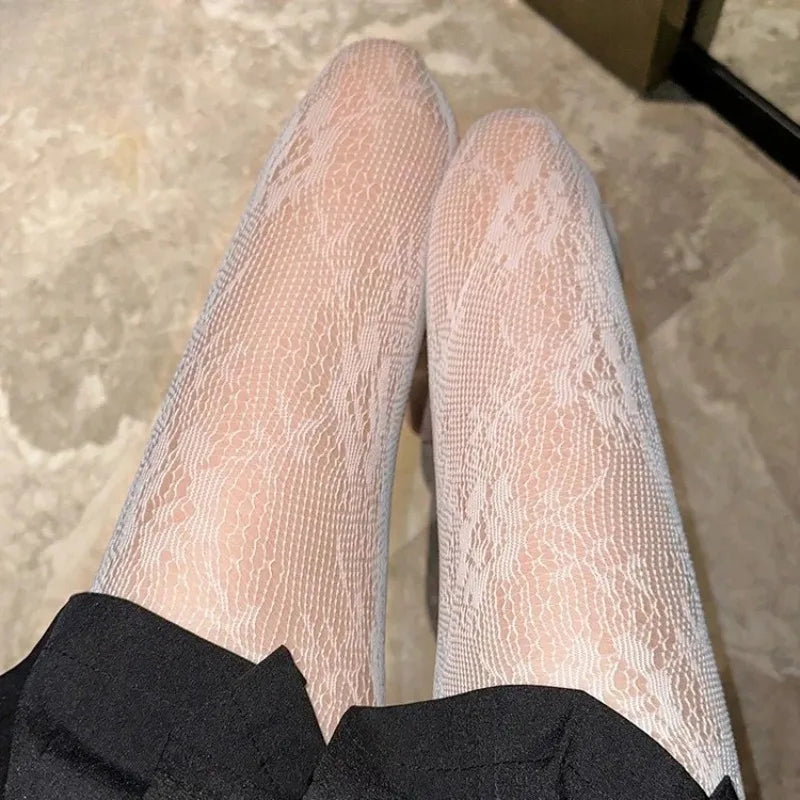 Women Floral Lace Tights Summer Mesh Sexy Hollowed Out Thin and Breathable Retro Punk Y2k Pantyhose Individual Fishnet Stockings