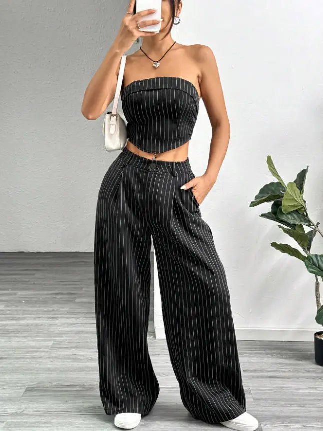 Women's Striped 2 Piece Outfit Tube Top and High Waist Wide Leg Pants Set