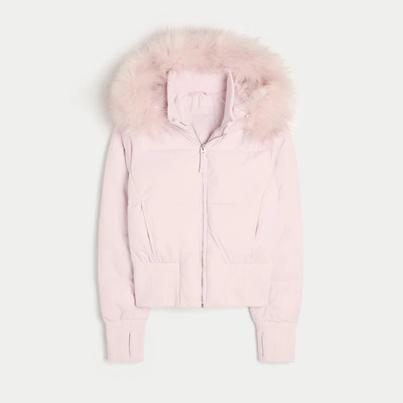 Chic Full Sleeve Zipper Pocket Cropped Jacket Fashion Women's Faux Fur Hooded Quilted Coat 2025 Winter New Lady Padded Outerwear