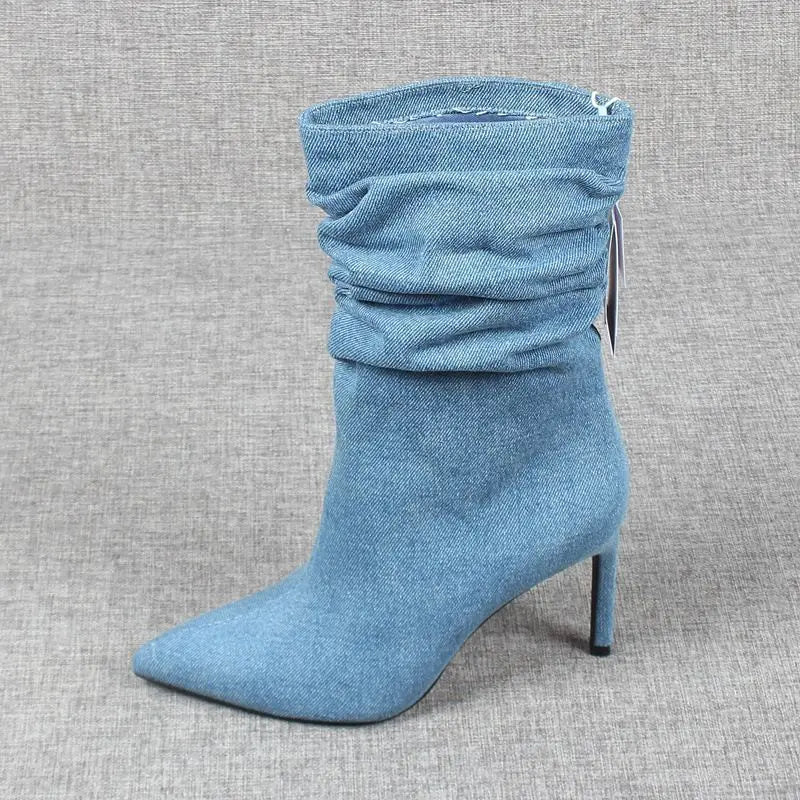 New Summer Pointed Toe High Heel Short Boots Women's Thin Heel Denim Boot Pleated New Mid-Calf Boot Tube Men's