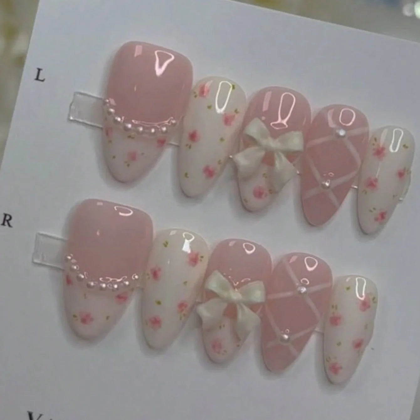 10pcs floral pearl French nails almond short hot girl y2k cute girl bow balletcore minimalist versatile handmade press-on nails