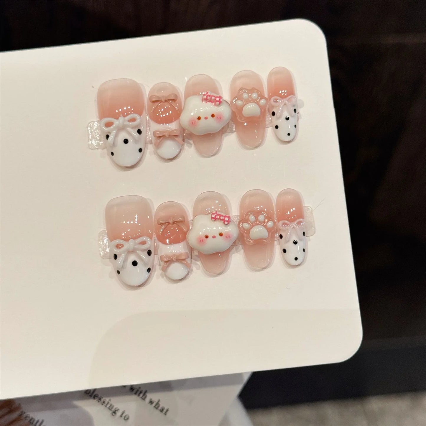 10pcs Sweet Stars Bow Handmade Fake Nails Press on Nails Gentle Cat's Eye Fake Nails French Tips Detachable Wedding False Nails