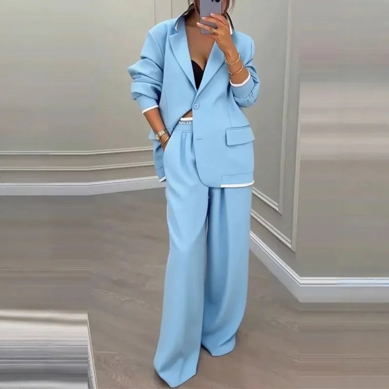 Women's Pants Suit Loose Solid Color Autumn Winter Commuting Long sleeved Lapel Top Wide leg Trousers Two piece Set Clothing