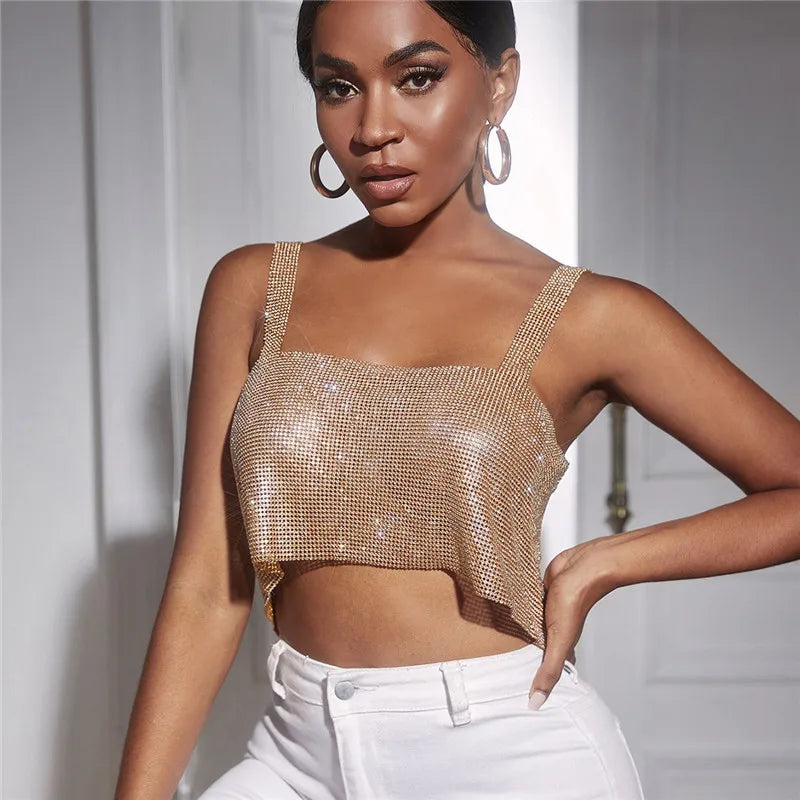 Bling Rhinestones Party Crop Top 2023 Fashion Solid Backless Straps Full Diamonds Sequins Cami Cropped Top for Women