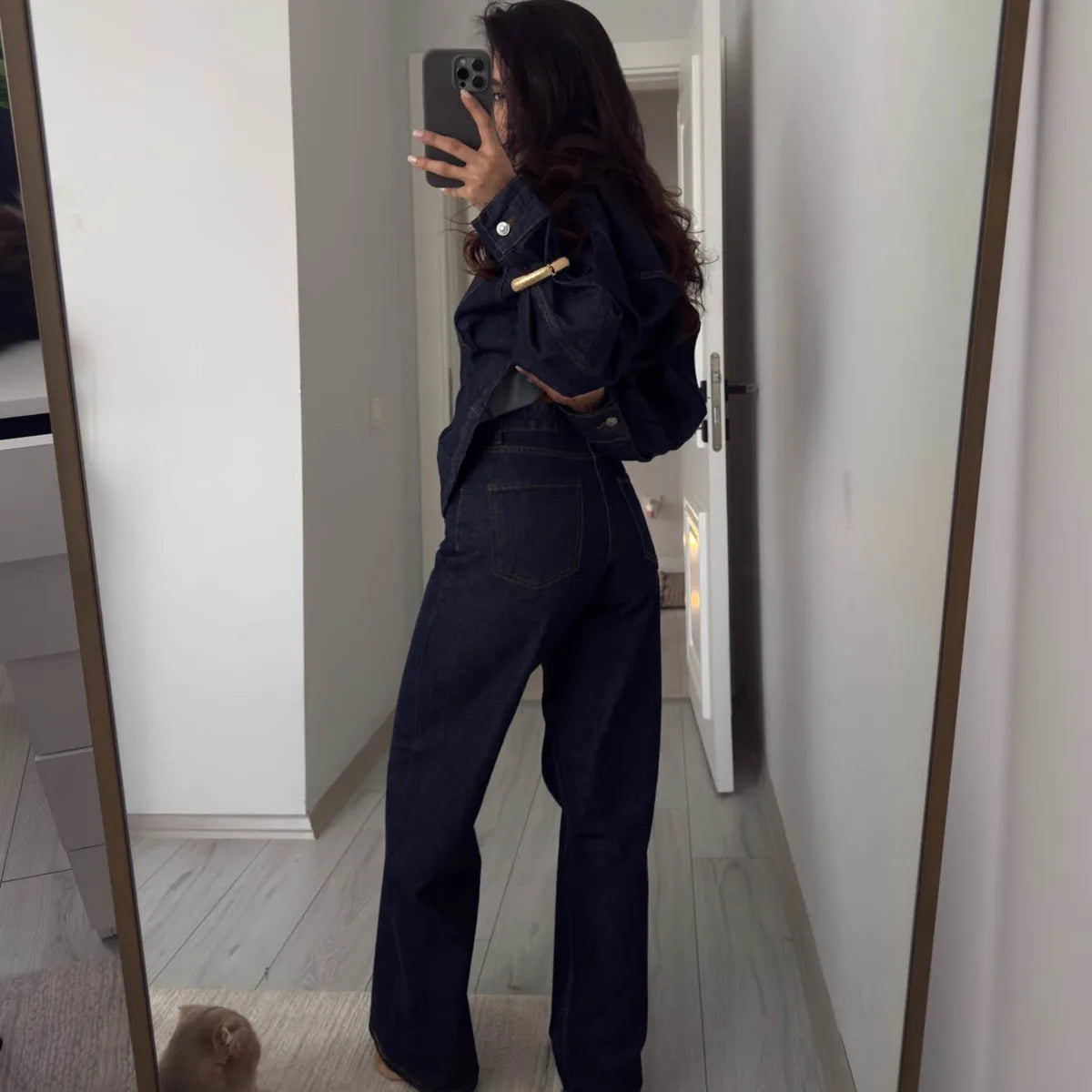KT Dark Blue Denim Suit Women Oversized Puff Sleeve Fitted Denim Jacket & High Waist Wide Leg Pants 2026 New Arrival