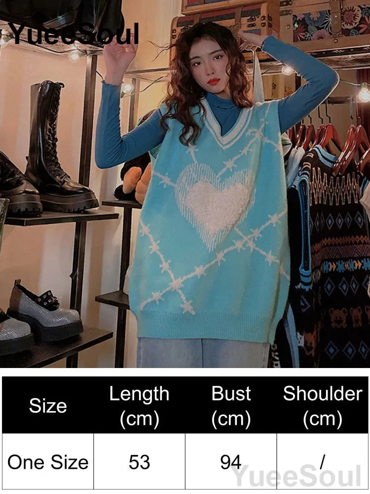 Blue Argyle Women's Vest Plaid Sleeveless Pullover Loose Knitted Sweater Vest 2026 New Autumn Y2K Casual Oversized Waistcoat