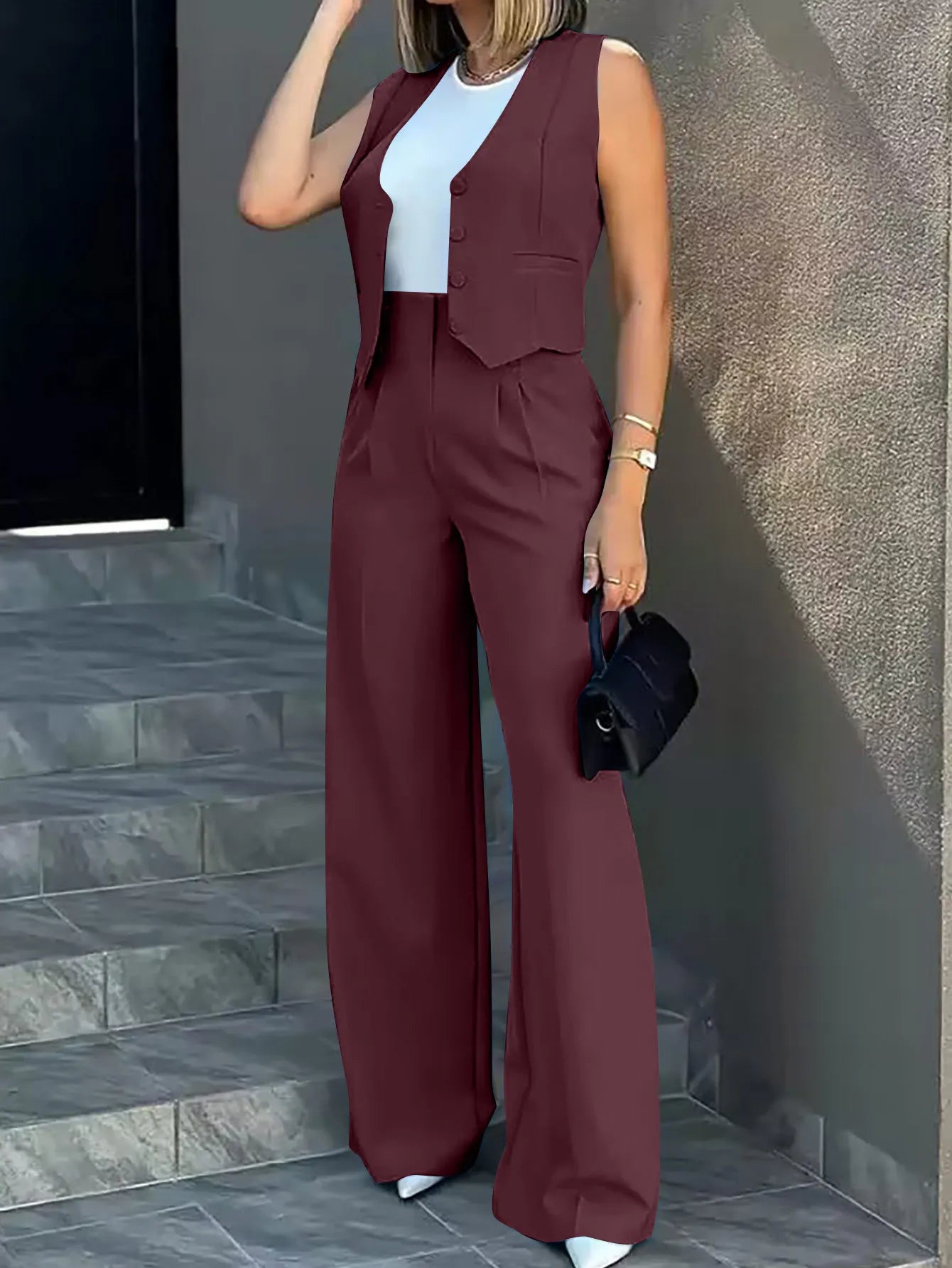 Women's Casual Waistcoat Wide Leg Pants Suit Elegant Sleeveless Vest Trousers 2 Pieces Set Solid Color Commuter Lady Pants Set
