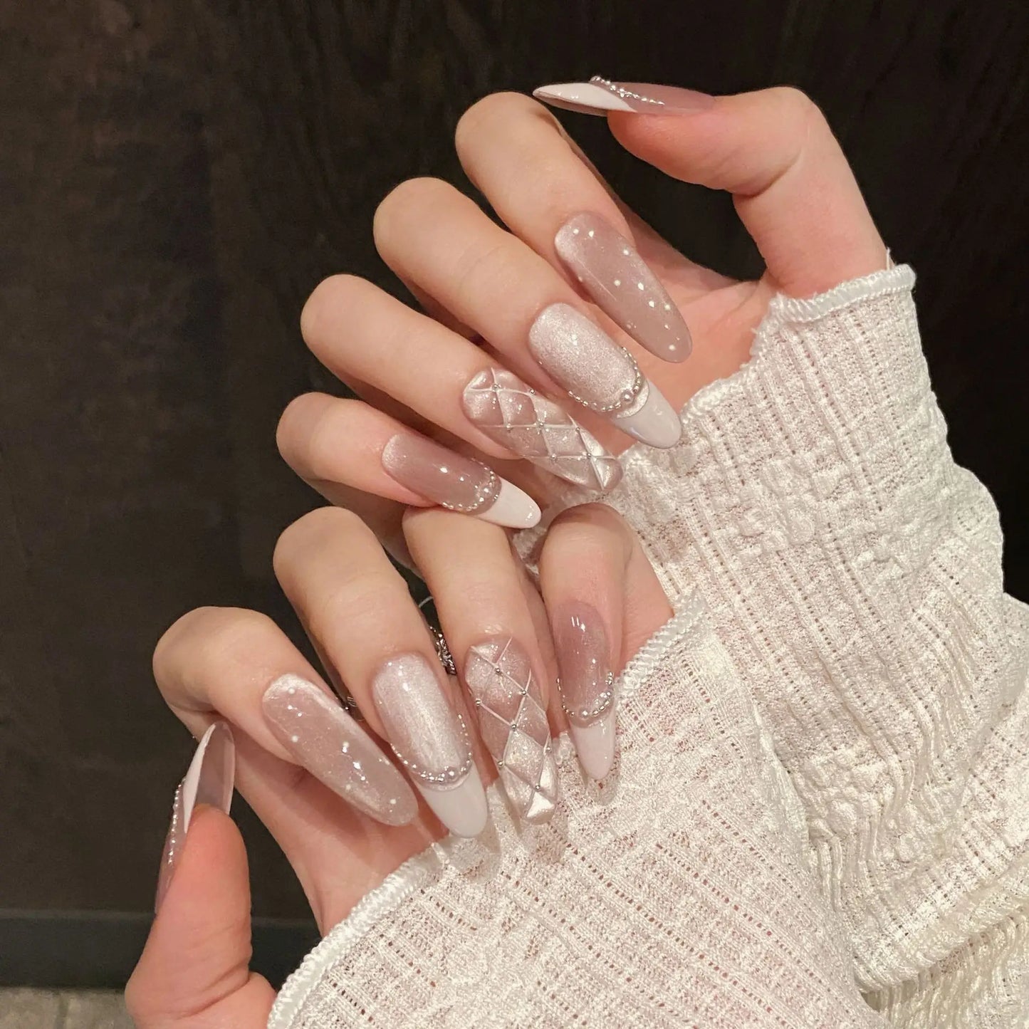 Handmade Sweet Diamond Grid Decor Press on Nails French Shiny Pink Cat Eye Fake Nails Wearable Reusable Korean Bride False Nails