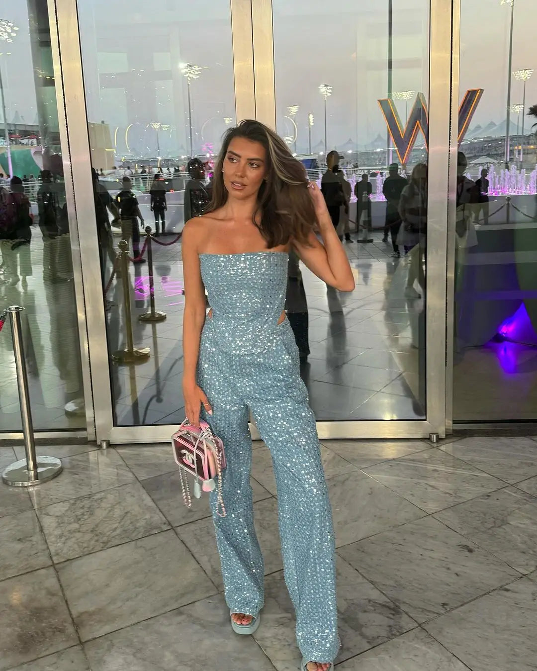 Women Luxury 2 Piece Outfit Sexy Strapless Crop Top & Glitter Denim Wide Leg Pants Set Slim Fit Birthday Party Clubwear Hottie