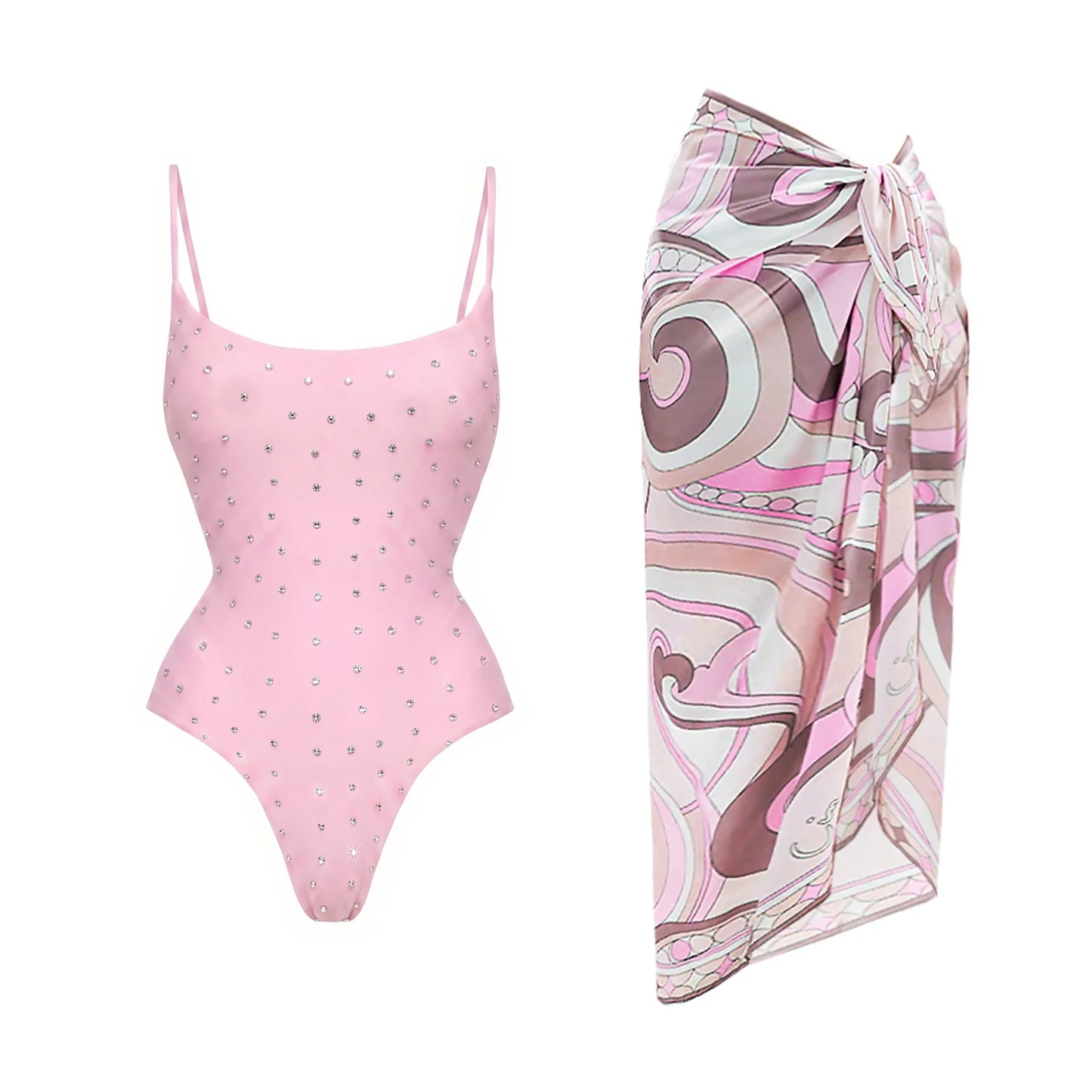 3Pcs Diamond Bikini With Cover Up Sexy Women Swimsuit Swimwear Female Bandeau Biquini Pink Print Swim Suit Beachwear Bathingsuit