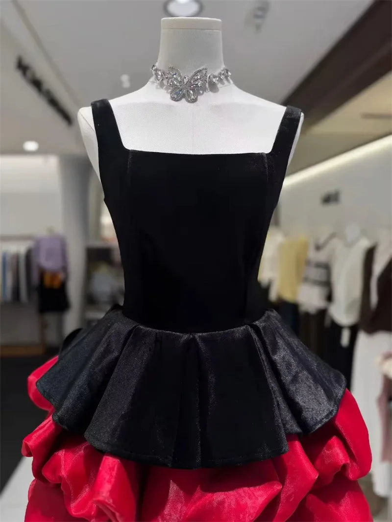 EDGLuLu Sexy Backless Square Collar Sleeveless Mini Dresses For Woman Party Wedding Red Patchwork Black Birthday Dress 1021
