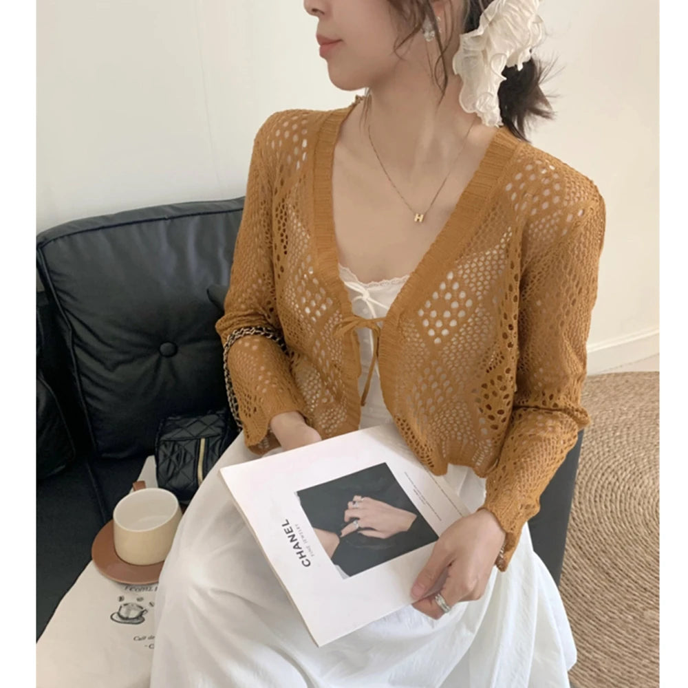 Sheer Pointelle Knit Crop Cardigan with Tie Front Openwork Long Sleeve Short Jacket Top Cover for Women Teen-girl Cute Outfit