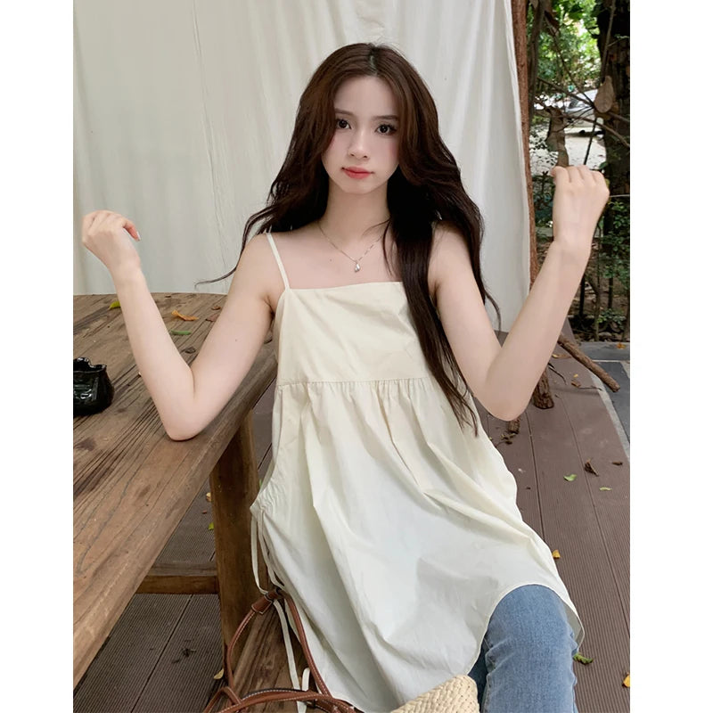 Matakawa Spring Summer Women Dresses Solid Pockets Korean Fashion Sweet Vestidos Mujer Vintage Sleeveless Mini Dress