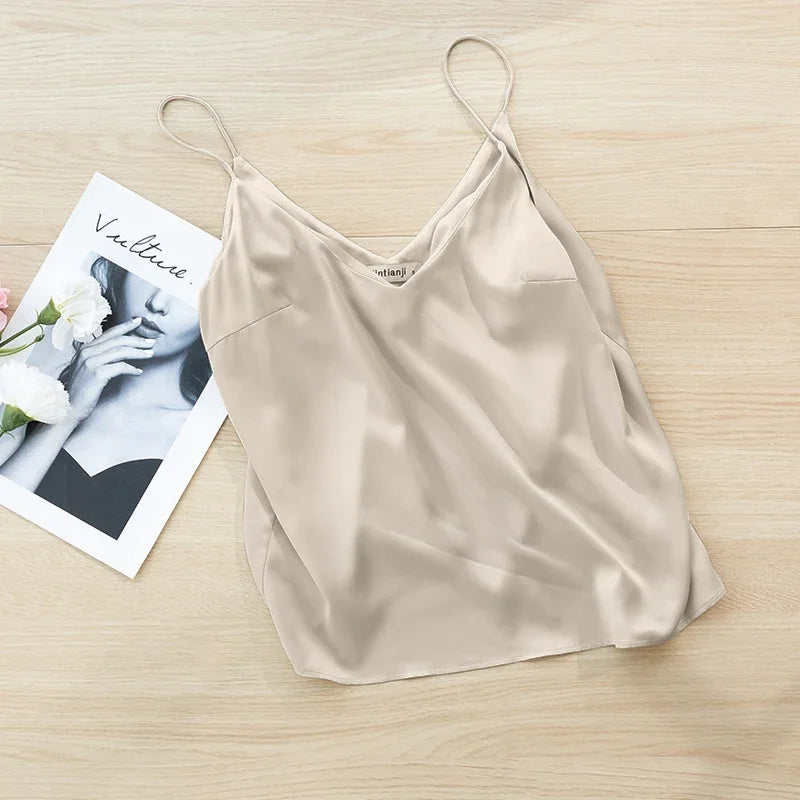 Sexy V-neck Satin Camisole Top Chic High Quality Outer Wear Inner Bottom Top With Suit Summer New Ladies Sleeveless Tank Tops