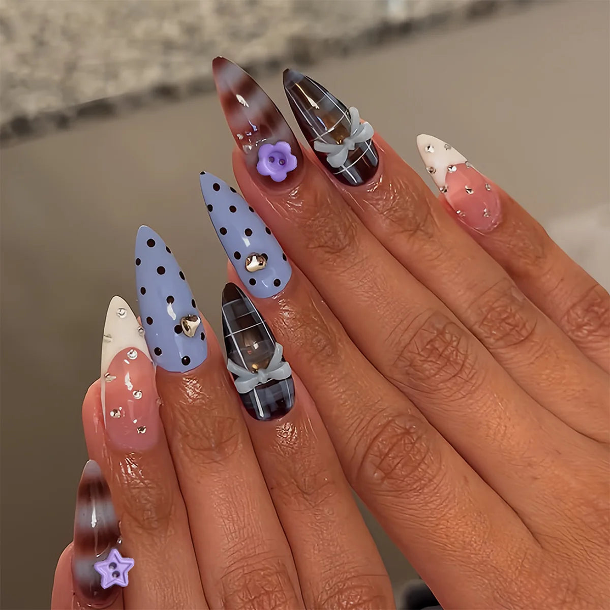 30Pcs Fake Nails Sweet Pink French Polka Dots Bows and Playful Cherries—Press-On Nails Perfect as Gifts for Girls and Friends