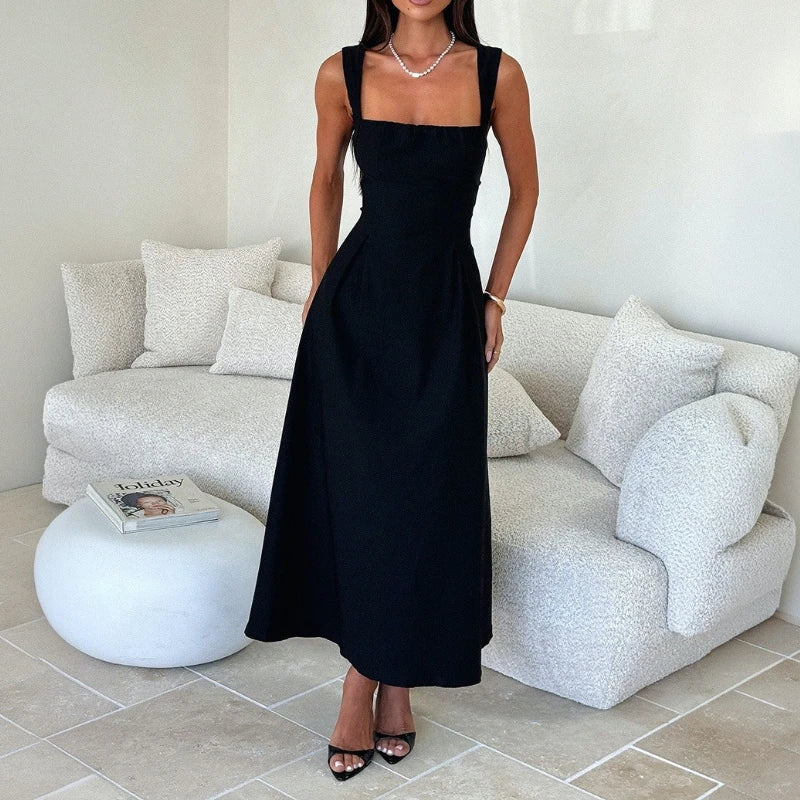Square Collar Spaghetti Strap Backless Slim Maxi Dress | Inspired by Neslihan Atagül