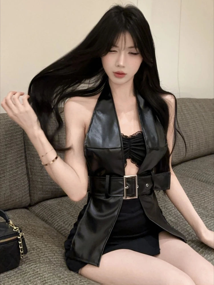 Y2k Aesthetic Two Pieces Set Women Streetwear Sexy Backless Pu Belt Tanks + Grunge Pleated Cropped Strapless Vest Summer Suit