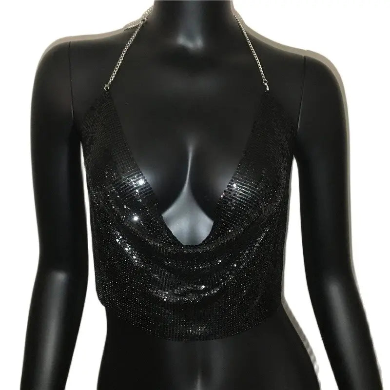 AKYZO Women 2025 Sexy Metal Sequined Tank Camis Summer Gold Silver Backless Cropped Glitter Beach Club Show Wear Tank Tops