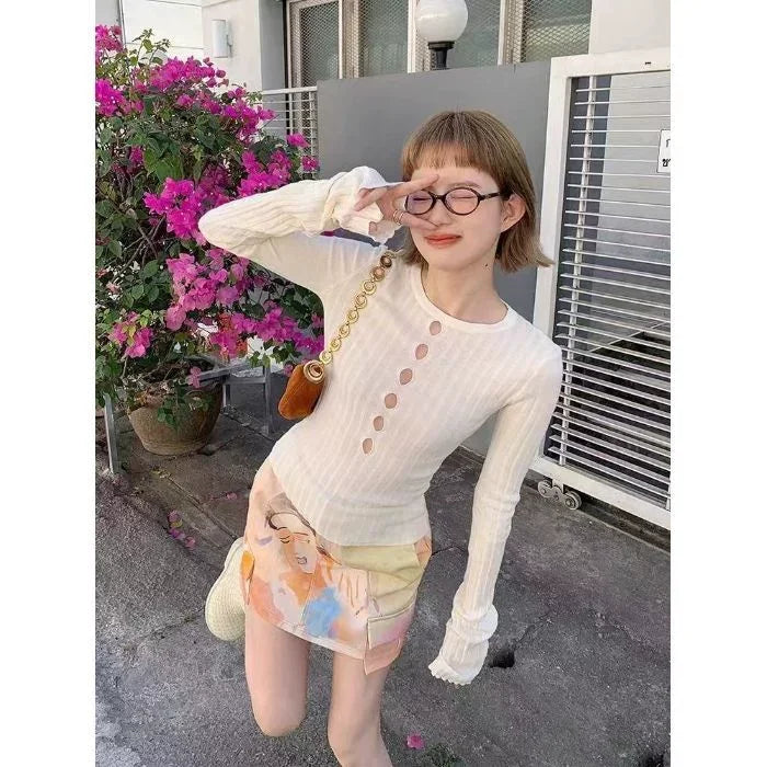 American retro spicy girl hollow hole knitted women's sweater autumn and winter Y2K retro slim fit women's tops millennium style