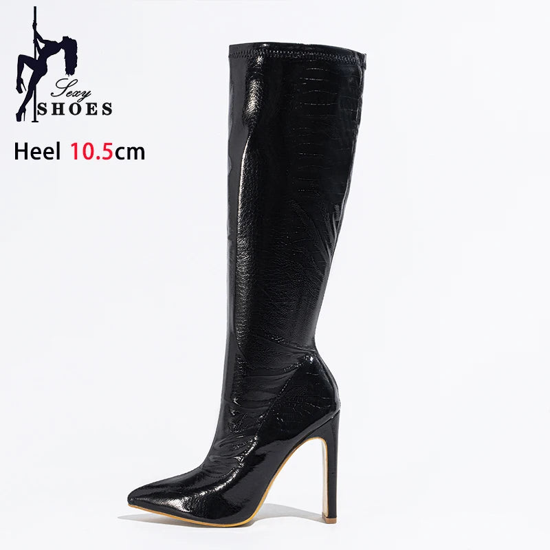 Knee high Boots Women Club Party Zipper Black Shoes Lady 2025 Autumn Winter Pointy Toe High Heels PU Leather Elastic Long Boots
