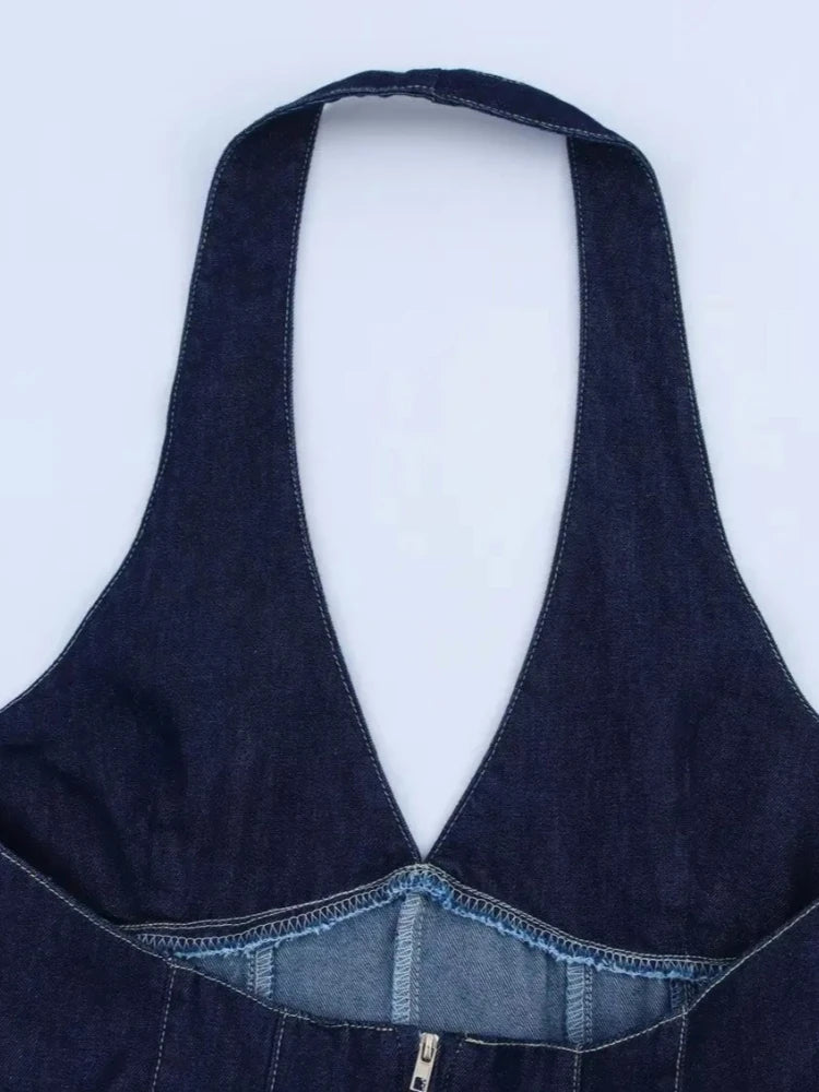 Chu Sau beauty Women New Fashion Vintage Halter Neck Chic Sleeveless Short Denim Dress Sexy Slim Backless Mini Dresses
