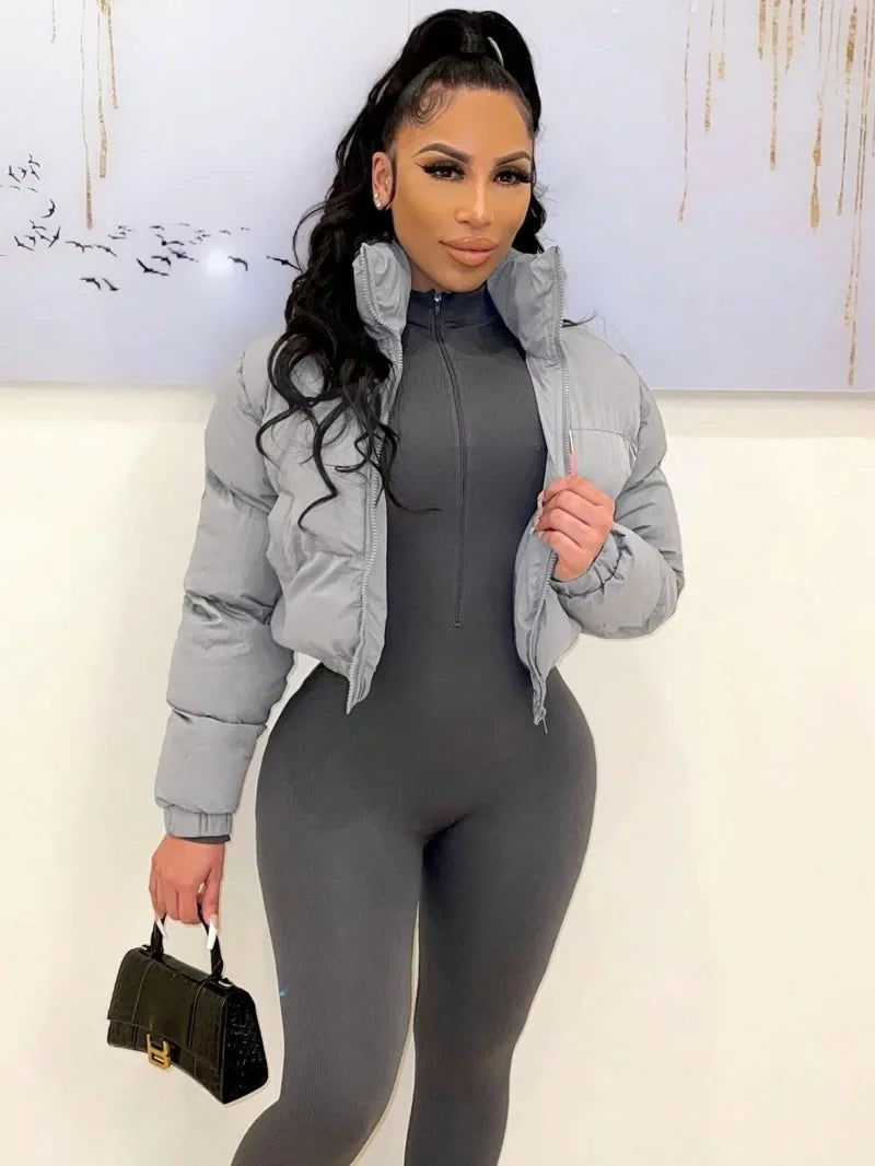 Women Solid Parkas Jackets Stand Collar Long Sleeve Zip-up Thick Warm Quilted Coats Fashion Casual Cotton Padded Outerwear