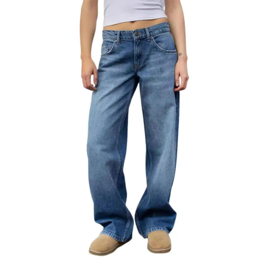 Classic Blue Jeans for Women Straight Leg Stretchy Denim Trousers Simple Design Retro Style Elastic Waist 