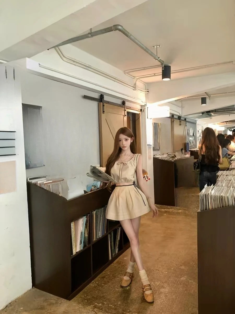 gothiscyn 2026 New Japanese Women's Matching Two Piece Babydoll Top Sets Khaki Drawstring To Mini Skirt Suit Sweet Lolita Style