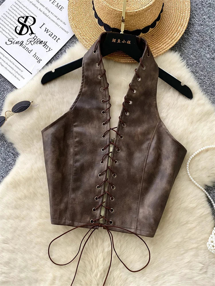 SINGREINY PU Leather Sexy Club Camisole Fashion Hollow Out Lace Up Slim Tank Top Sleeveless Backless Ins Spicy Girl Halter Top
