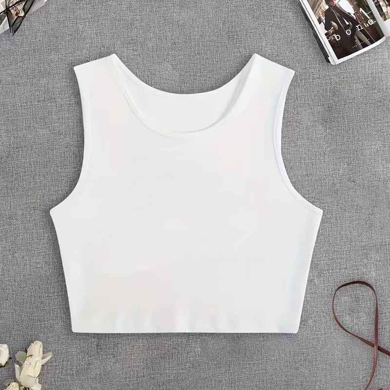 Women's Solid Round Neck Sleeveless Vest T Shirt 90s Graphic Y2k Tank Tops for Woman Fashionable Black White Crop Tops Clothes