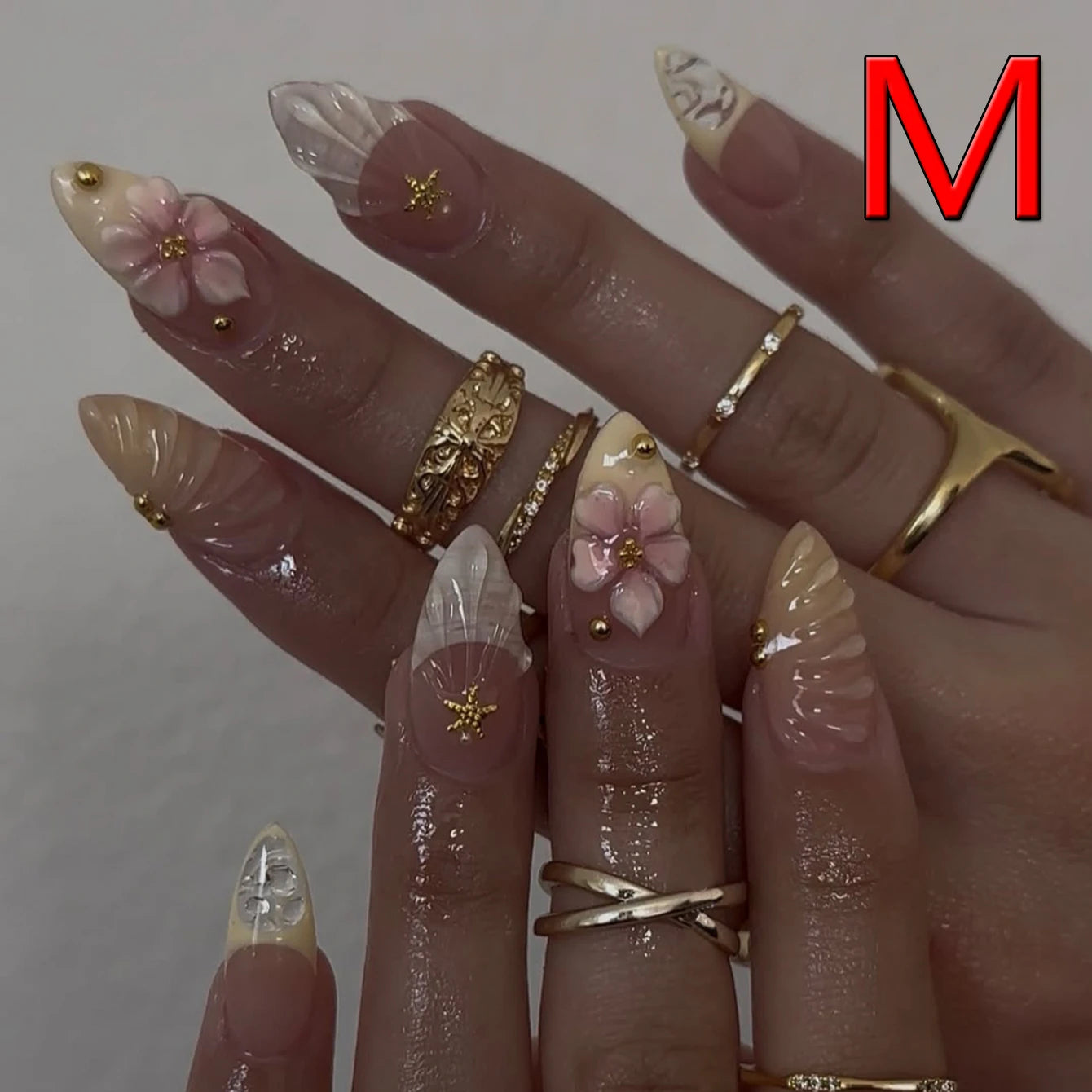 y2K 10PCS Hand Made Press On Nail-Short Almond Glue On Nails-Tropical Flowers Starfish And Golden Pearls Press One As gifts