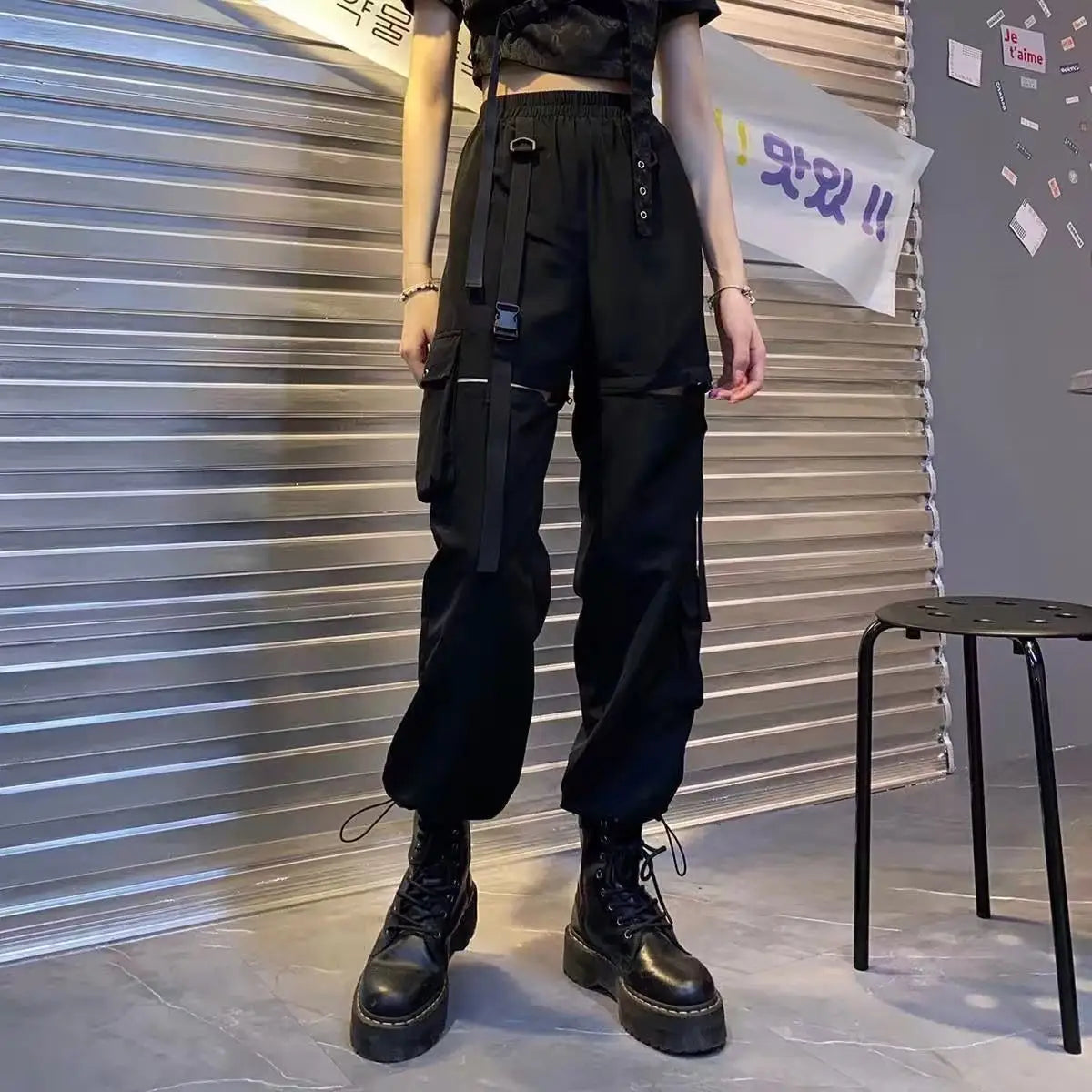 New Fashion Black Pants Women 2025 Detachable Casual Korean Cargo Wide Leg Pant Woman