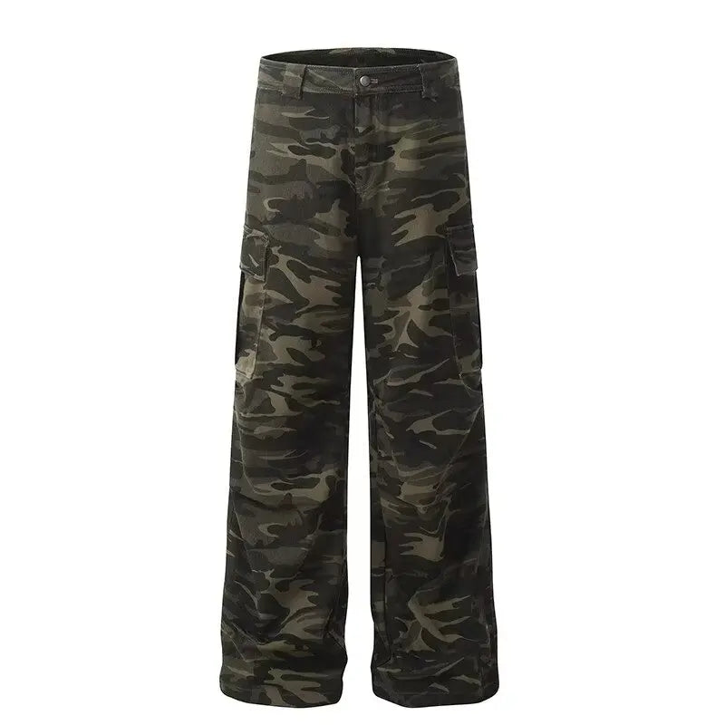American retro washed design camouflage work pants for men and women, loose straight leg multi pocket wide leg casual paratroope