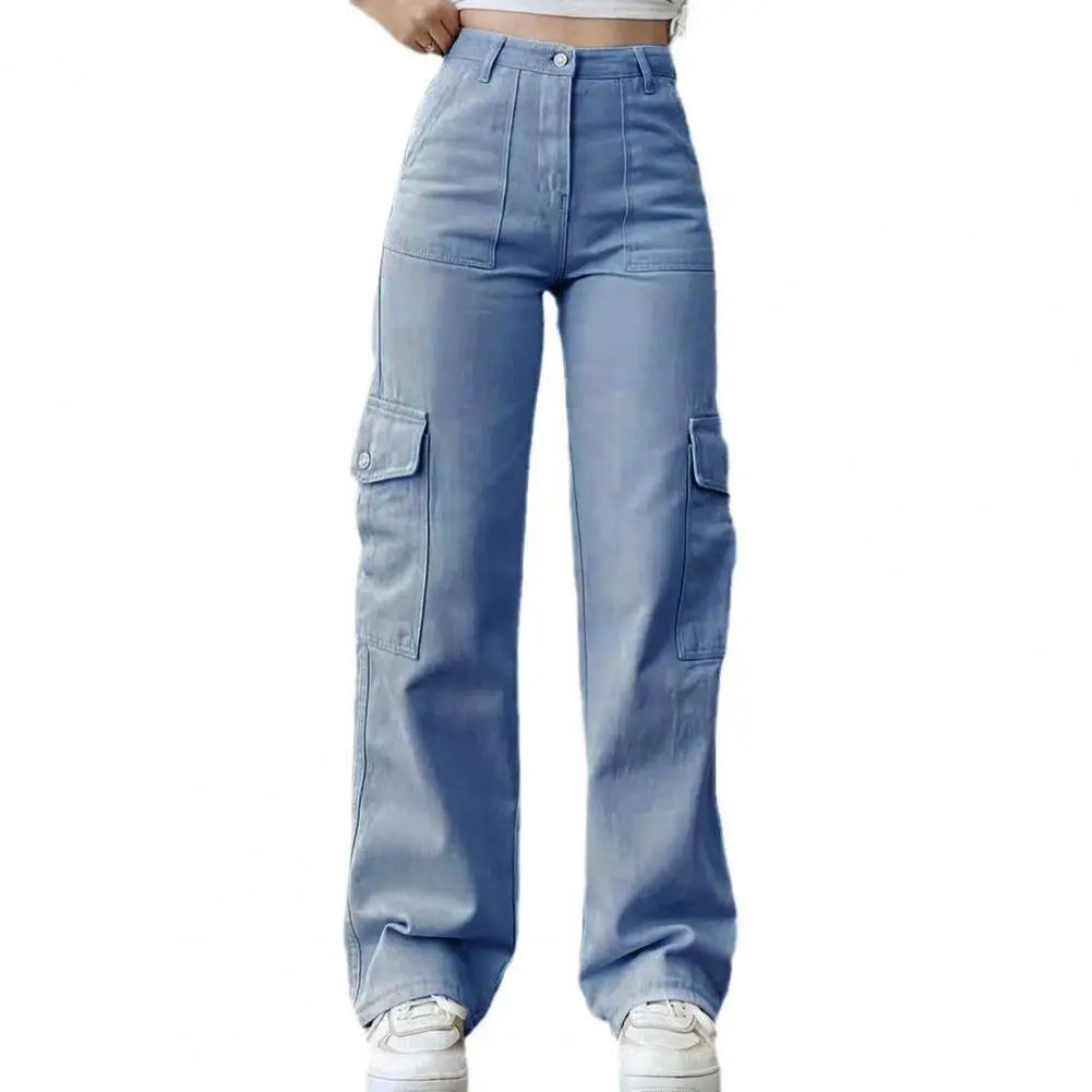 Women Cargo Pants Mid-rise Button Zipper Waist Casual Trousers with Multi Pockets Straight Leg Loose Fit Solid Color Long Pants