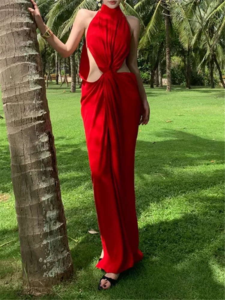 Island Seaside Vacation Sleeveless Open Back Red Long Dress 2026 New Summer Stunning Women Halter Hollow Out Waist Beach Dress