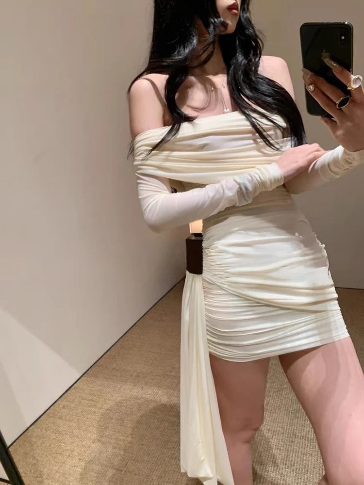 White Off-Shoulder Pleated Slim-Fit Dress Elegant and Sophisticated with a Sensual Bow Detail Women's Dress - 2025 Fall New