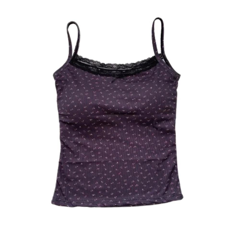 Elegant Sweet Floral Tank Tops Bowknot with Cups Pad Lace Vest T-Shirt Sleeveless Casual Y2k Crop Top Spring Summer