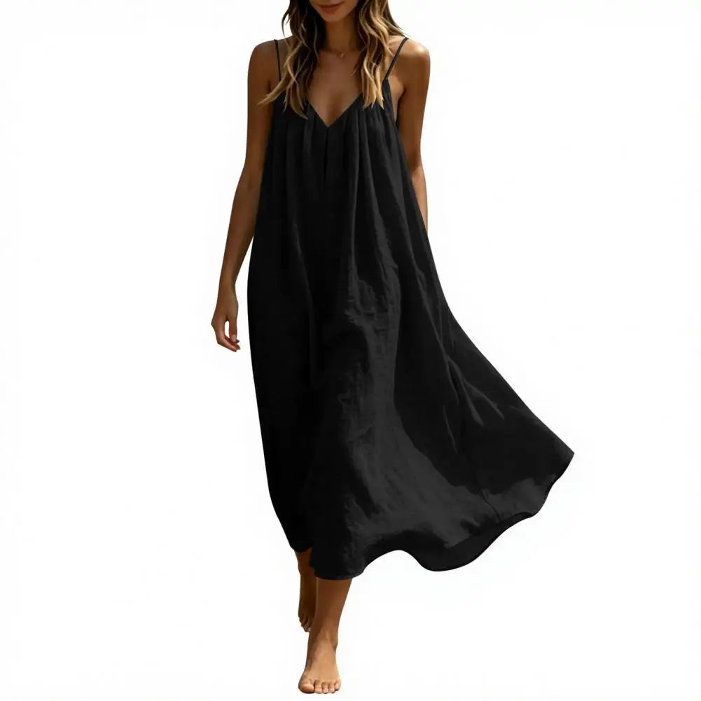 Women's Spaghetti Strap Beach Sundress, Summer Sleeveless V Neck Cami Dress, Loose Flowy Vacation Long Dress Plain Maxi Sundress