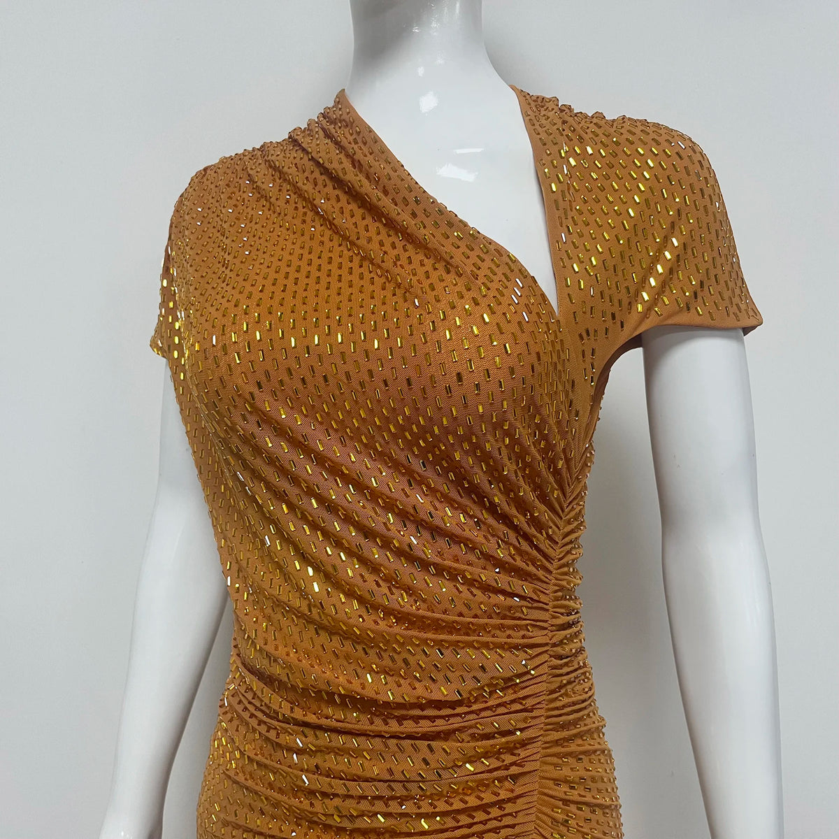 Short Sleeve Slim Fit Sequined Pleated Sheath Mid-Calf Evening Party Dress | Inspired by Beren Saat