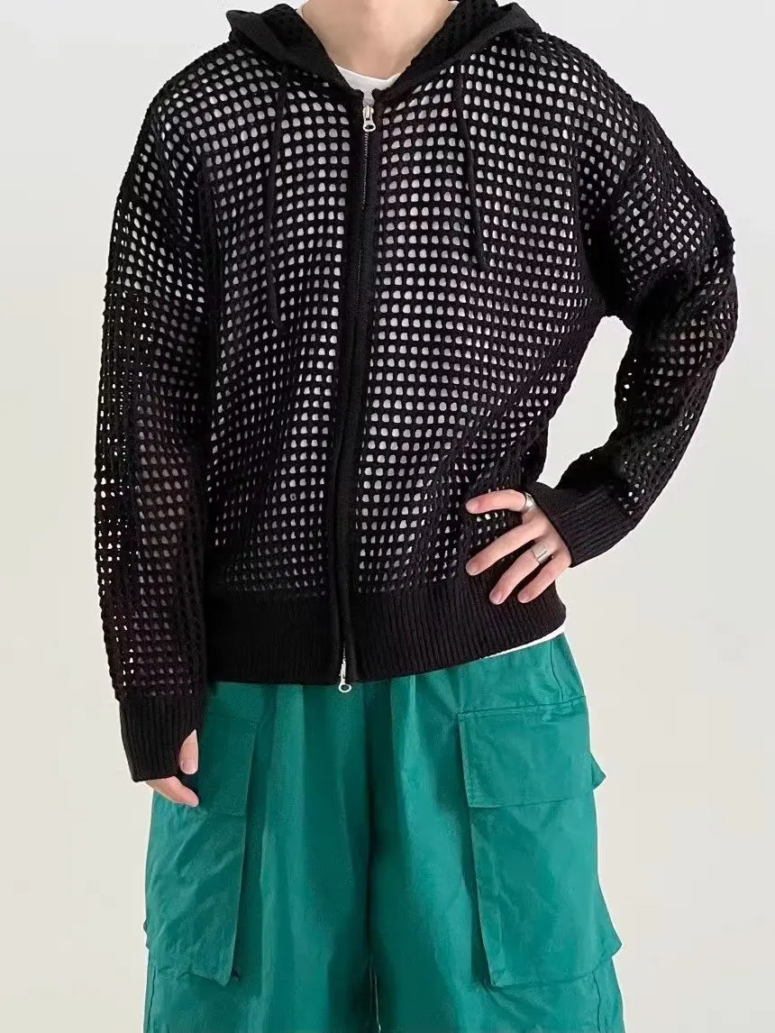Unisex Hoodies Trendy Hollow Out Hooded Knitted Cardigan For Men Spring Autumn Loose Zip Up Sweater Coat Casual Outerwear