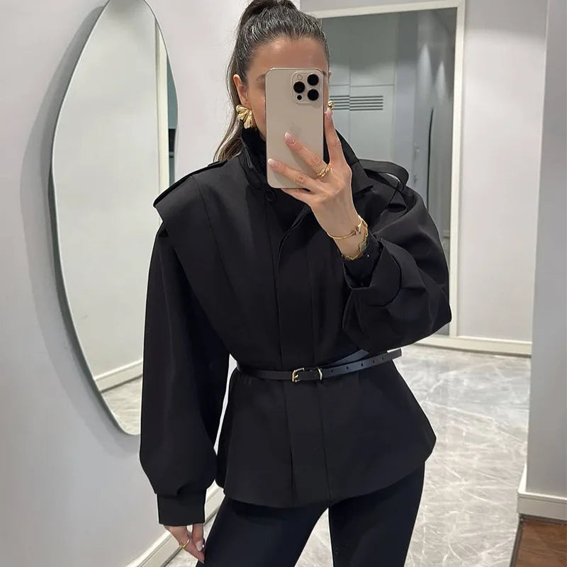 2025 Autumn New Stand Collar Design Sense Slim Fit Irregular Hem Short Trench Coat Women Temperament Commute Style