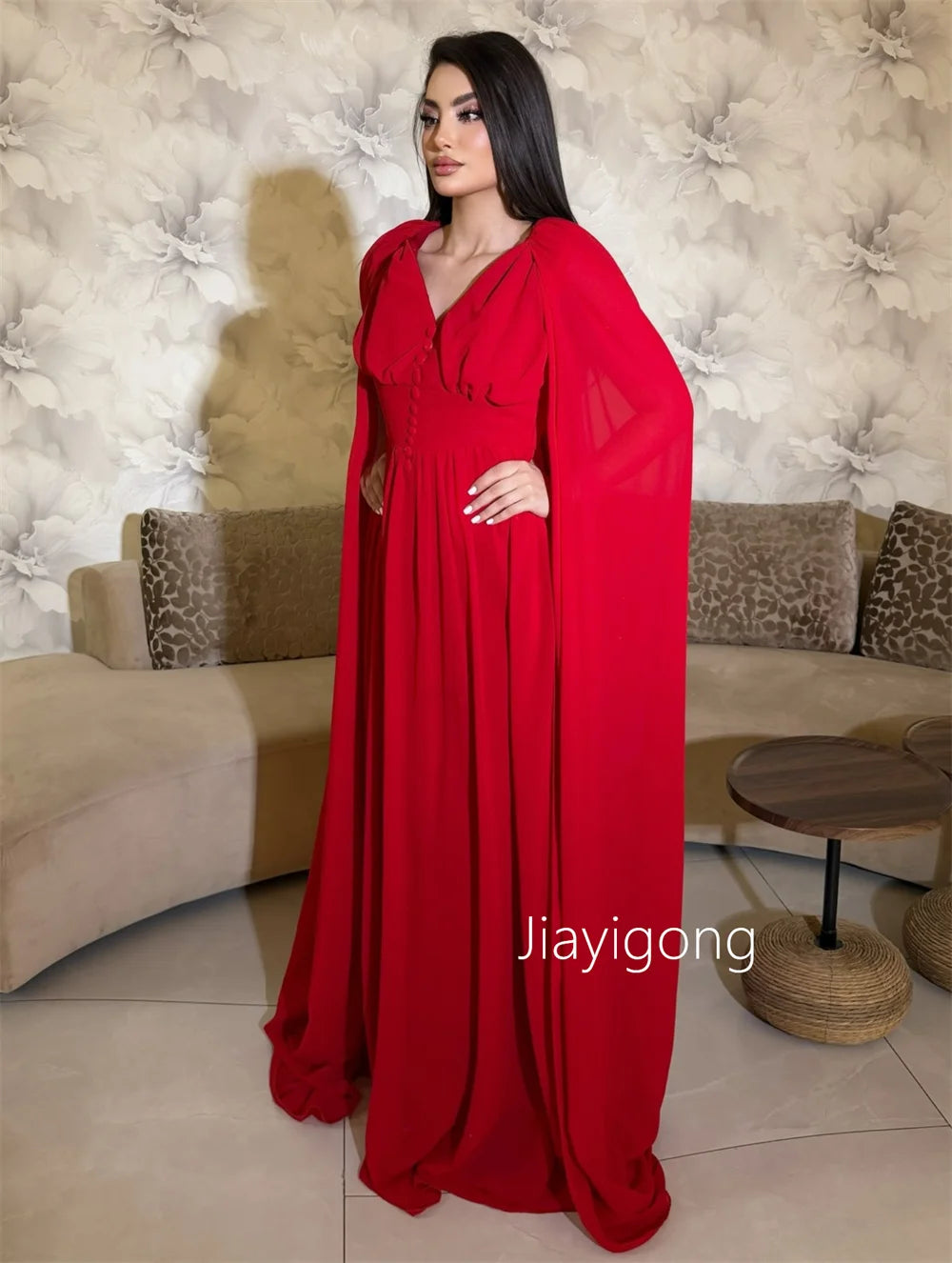 Customized Simple Chiffon Pleat Button A-line V-neck Long Bespoke Occasion Prom Dresses Fashion High Quality
