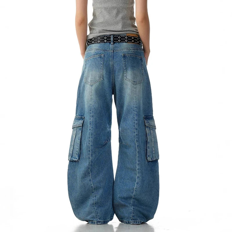 American Style Jeans Curved Knife Wide Leg Washed Worn-out with Multiple Pockets Men Loose Casual Floor Denim Jeans