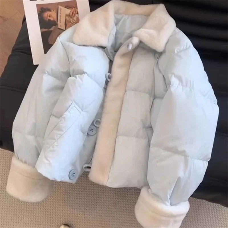 2026 Winter New Korean Gentle Age Reducing Collar Splicing Cotton Jacket Women's Splicing Cotton Jacket Fashion Pink And Blue